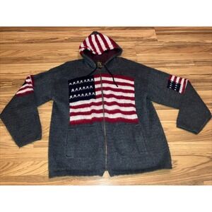 Vintage Ruminahui Wool Sweater unisex size large Full Zip American Flag Hood USA